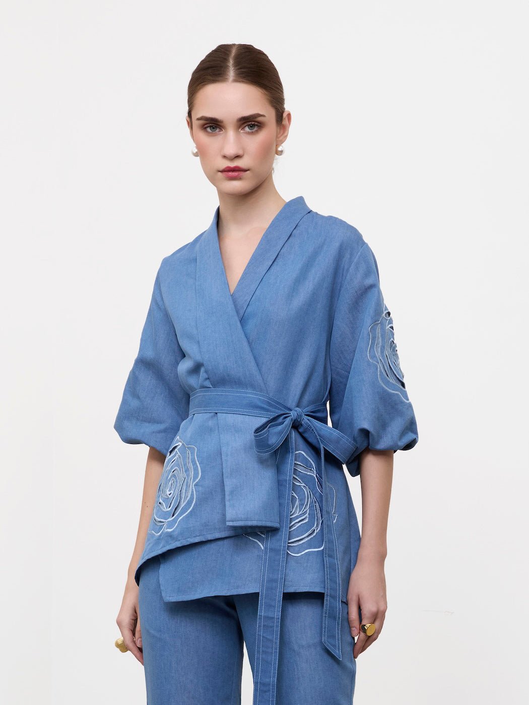 Medium Blue Cotton Wrap Top with Rose Applique