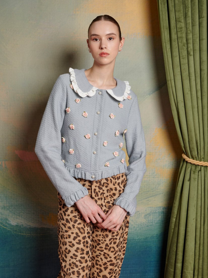 Grey Cropped Cardigan with Ruffle Collar and Rosette Applique