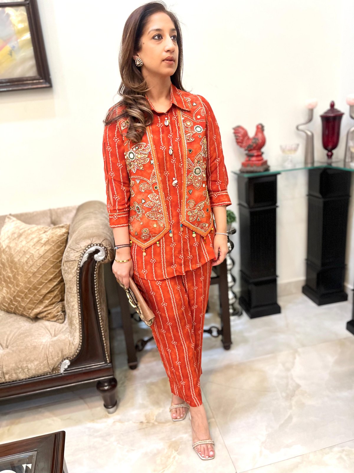 Burnt Orange Bandhani Co-ord Set with Embroidered Jacket