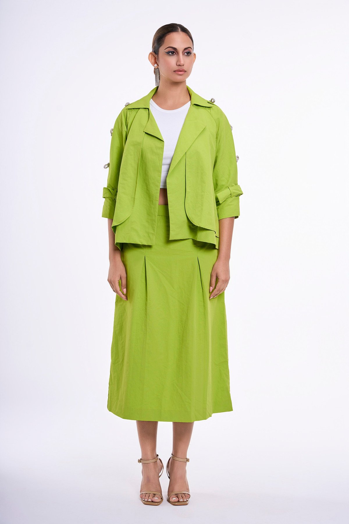 Lime Green Bow-Embellished Jacket and Midi Skirt Co-ord Set