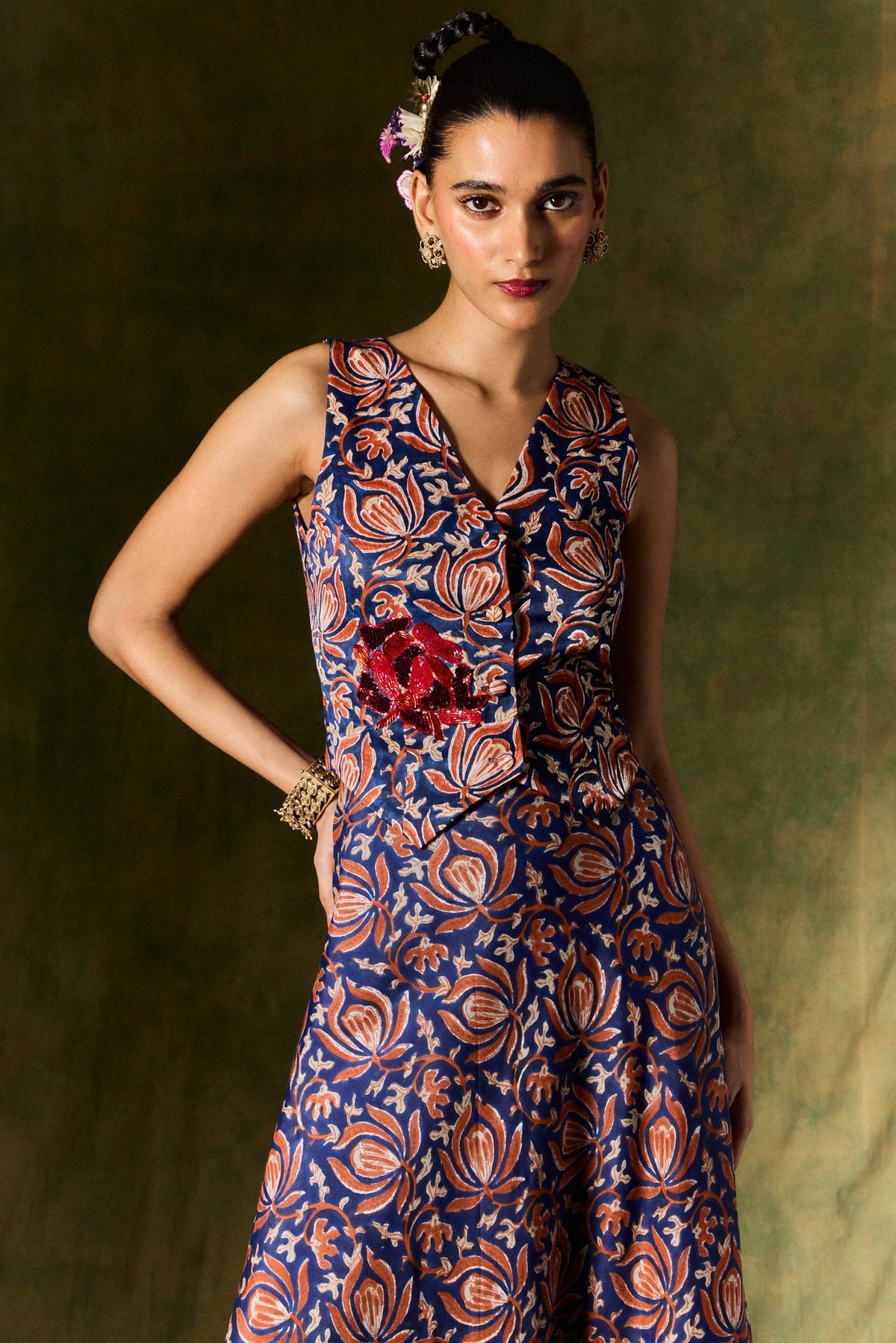 Printed Silk Waistcoat and Maxi Skirt Co-ord Set