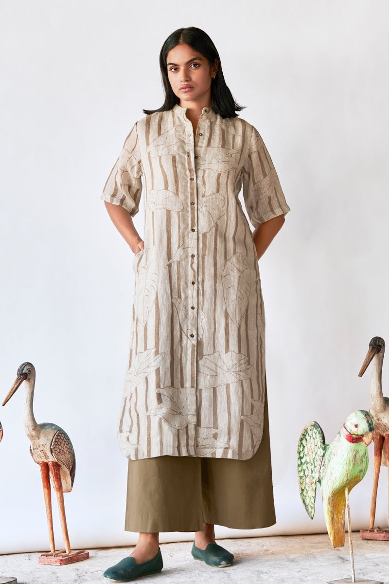 Beige Linen Printed Straight Kurta Set with Pants