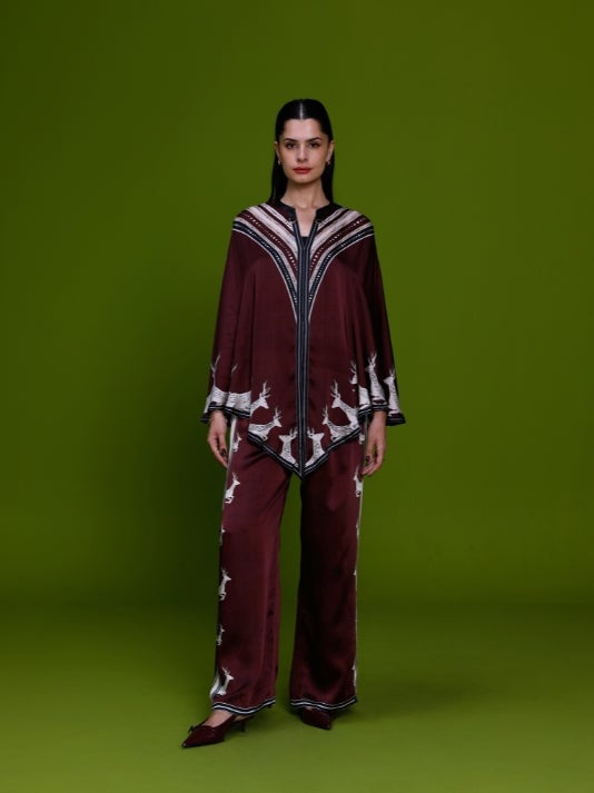 Burgundy Printed Zip-Front Cape Top Co-ord Set