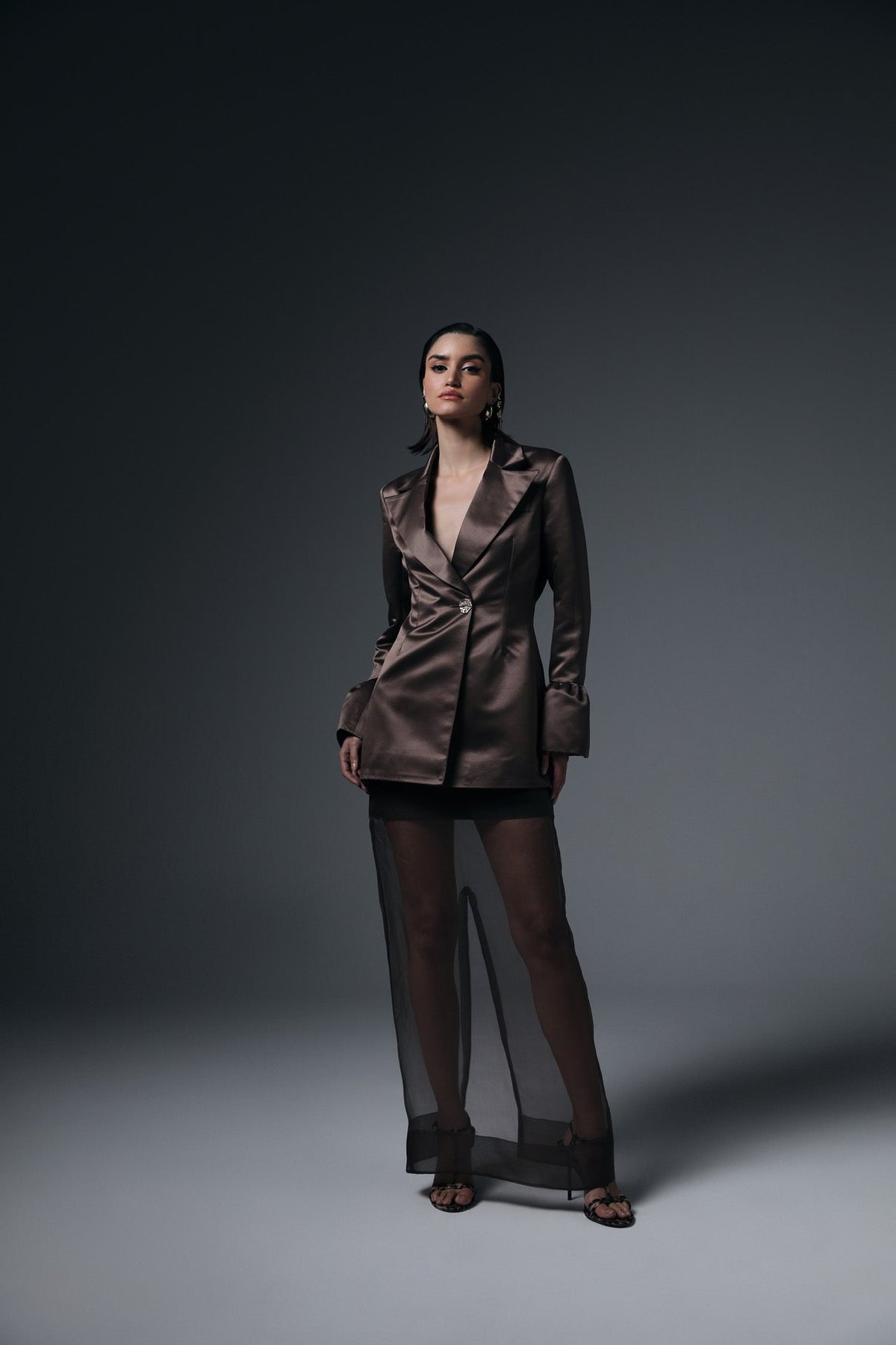 Brown Satin Blazer and Sheer Overlay Skirt Co-ord Set