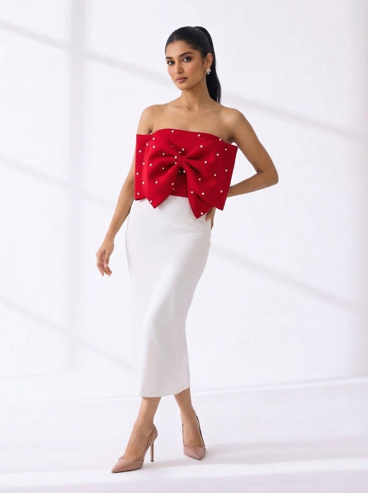 Red Neoprene Off-Shoulder Bow Cape Shrug