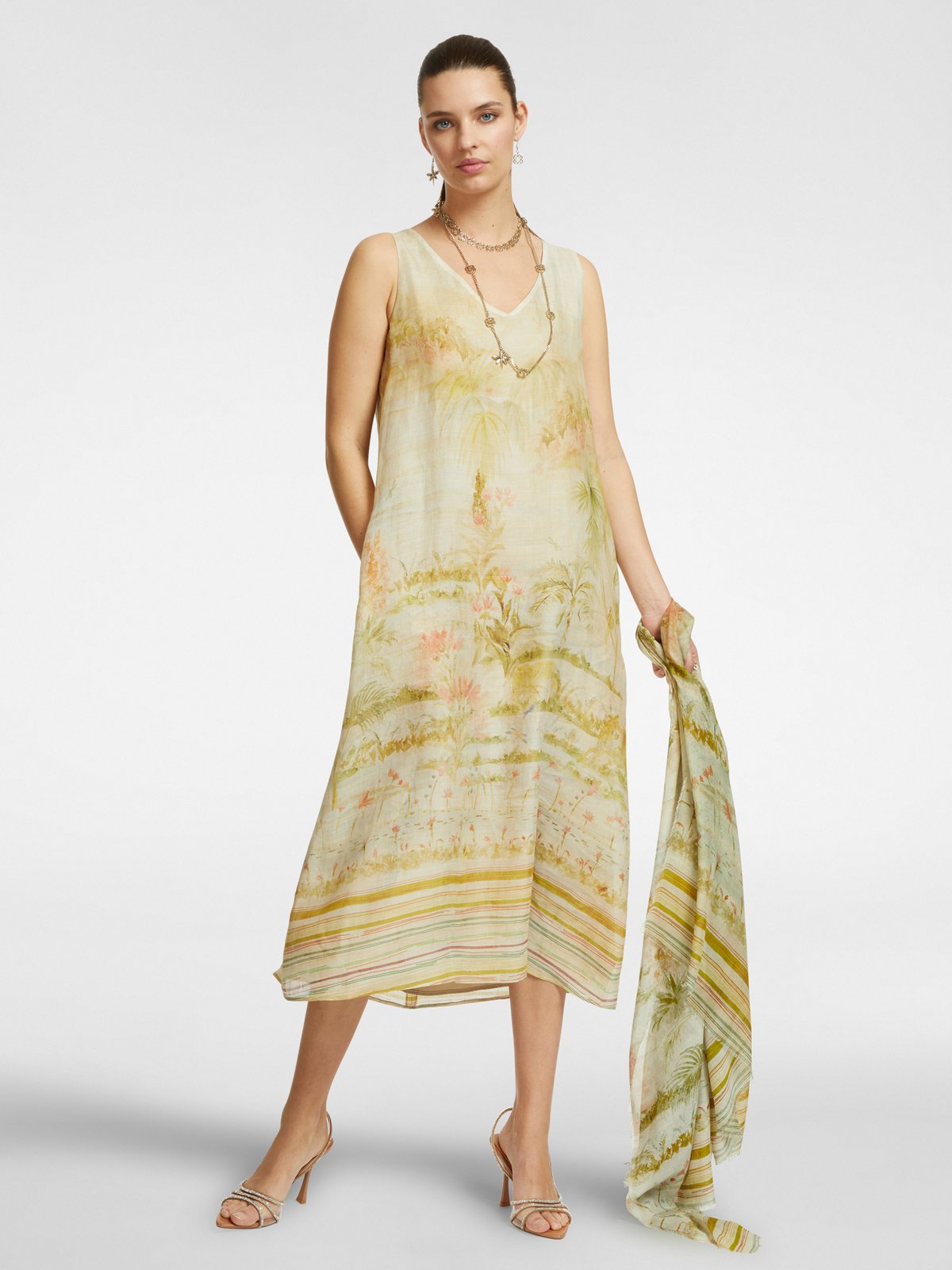 Beige Scenic Print V-Neck A-Line Midi Dress