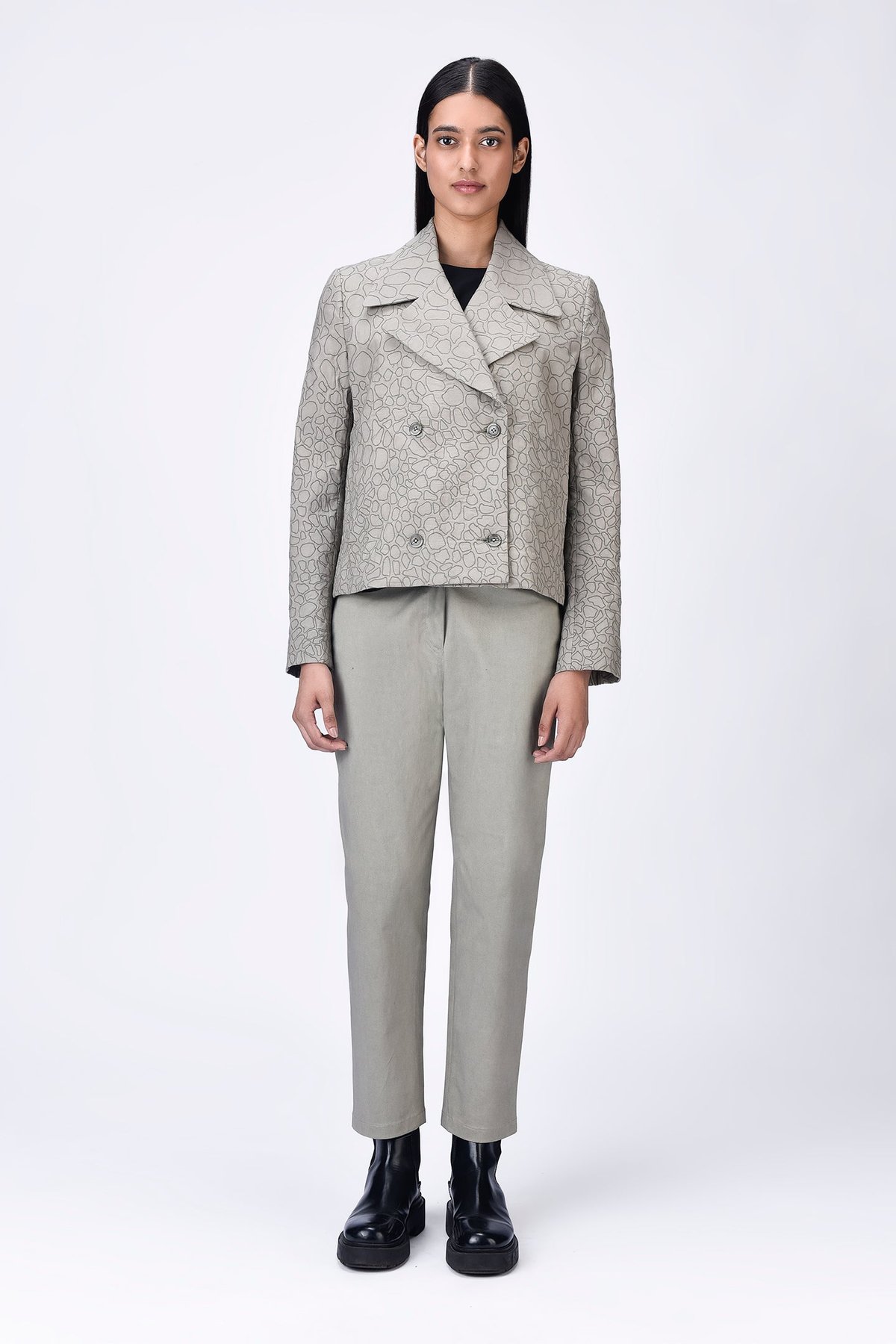 Taupe Textured Double-Breasted Cropped Jacket