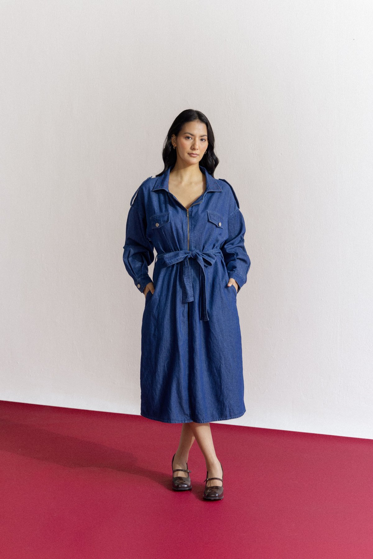 Blue Denim Zip-Front Belted Midi Shirt Dress