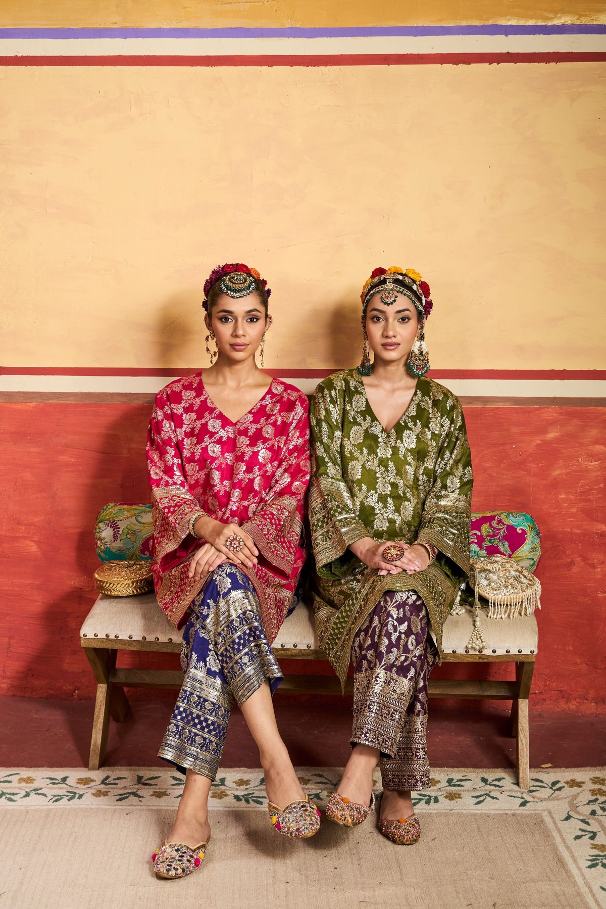 Green and Purple Brocade Silk Kurta Set with Zari Motifs