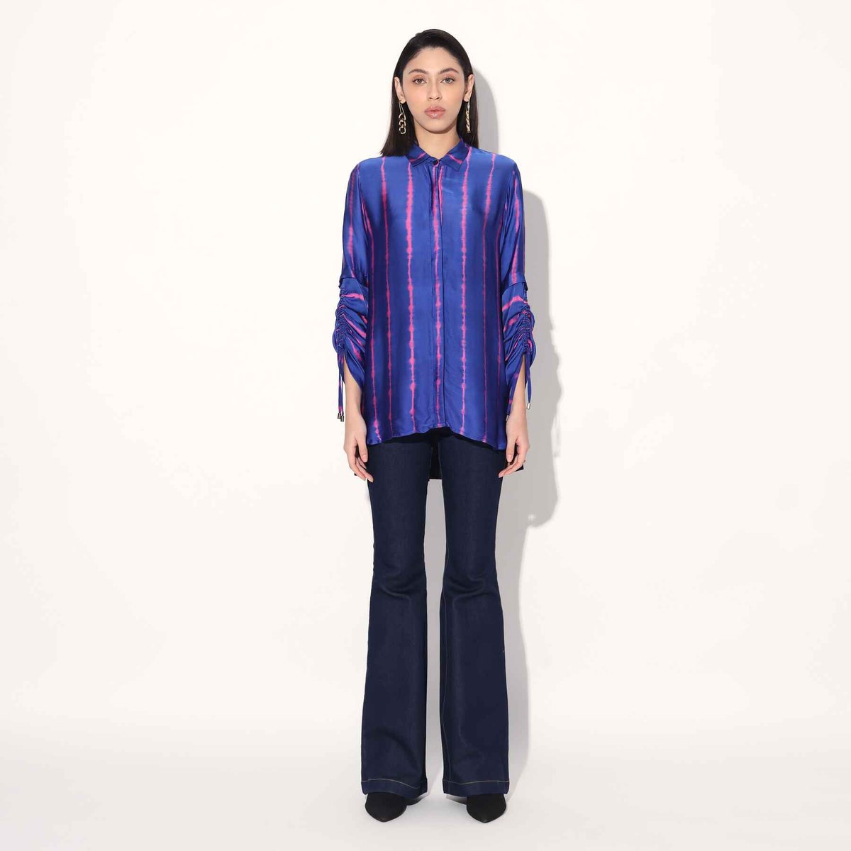 Pink/Purple Shibori Striped Satin Longline Shirt