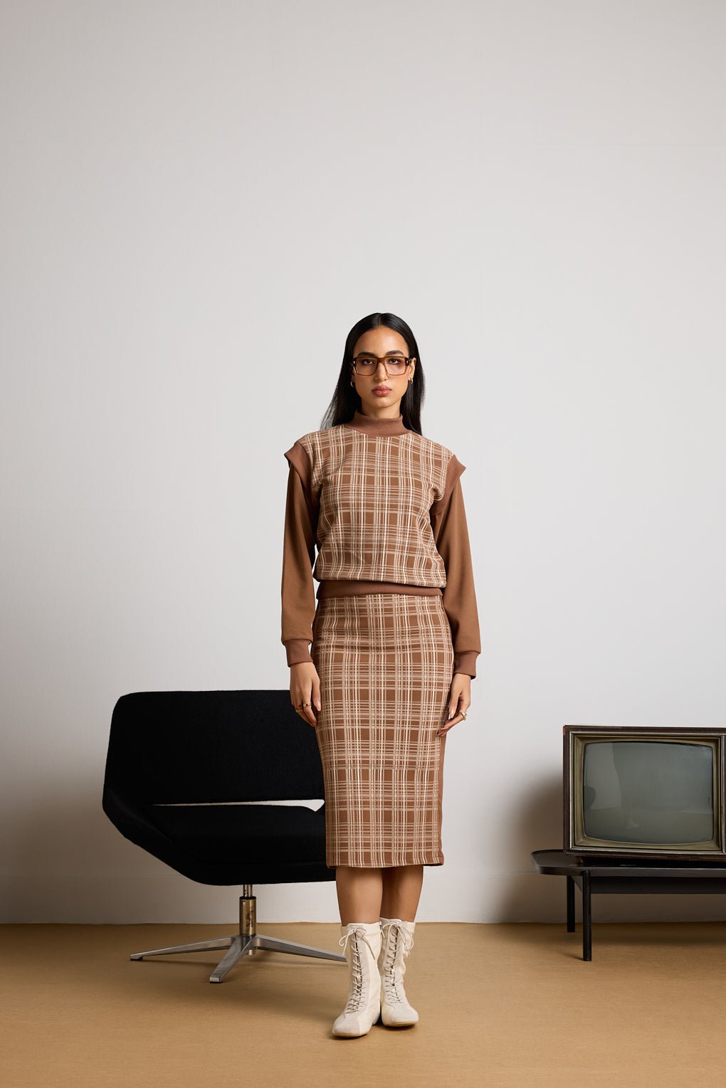 Dark Brown Checked Sweatshirt and Pencil Midi Skirt Co-ord Set