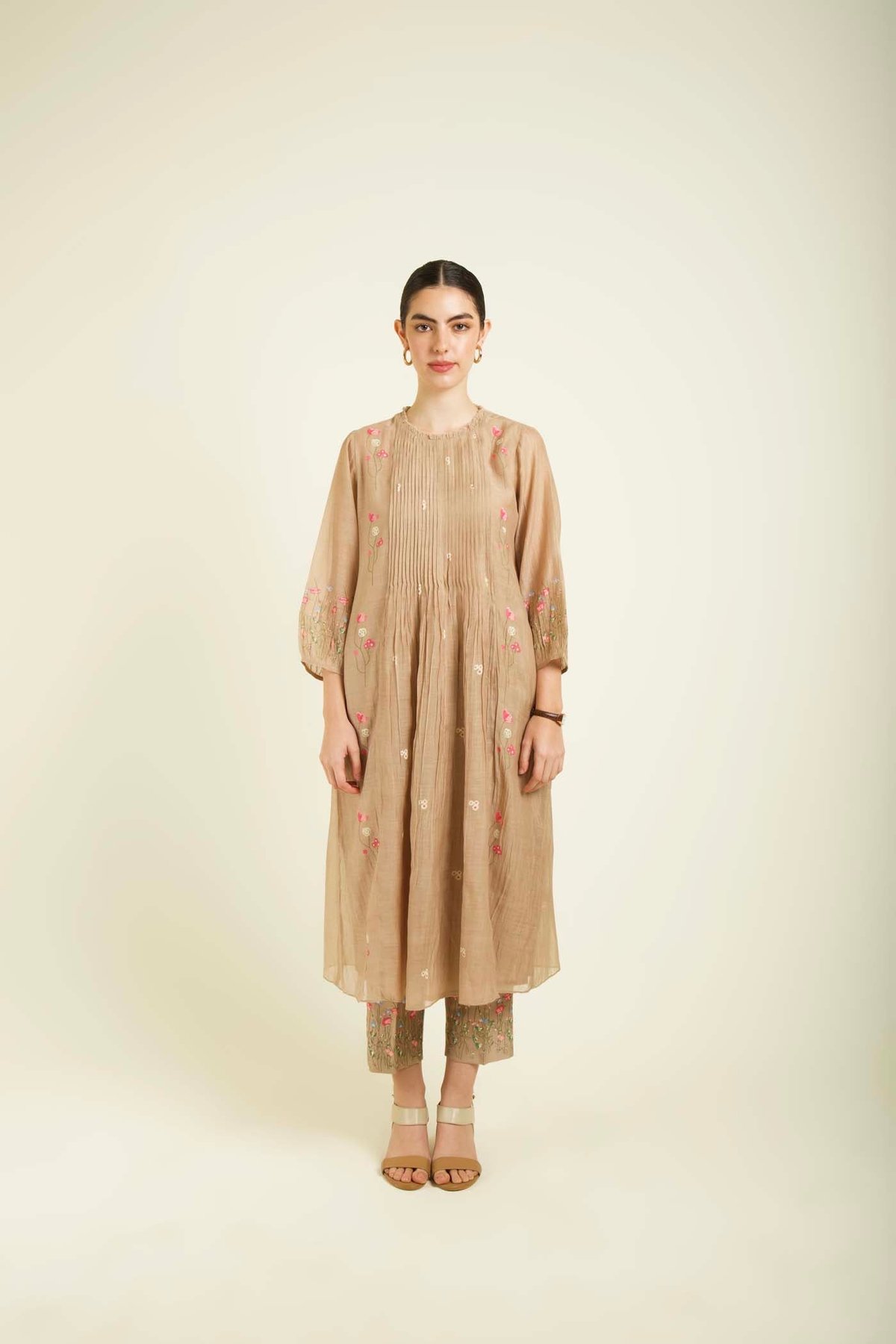 Beige Mul Chanderi Pleated Tunic With Straight Printed Pants In Silk Chanderi