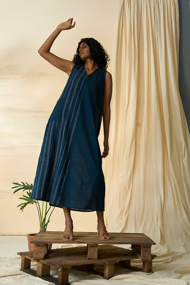 Denim Blue Striped Kala Cotton A-Line Midi Dress