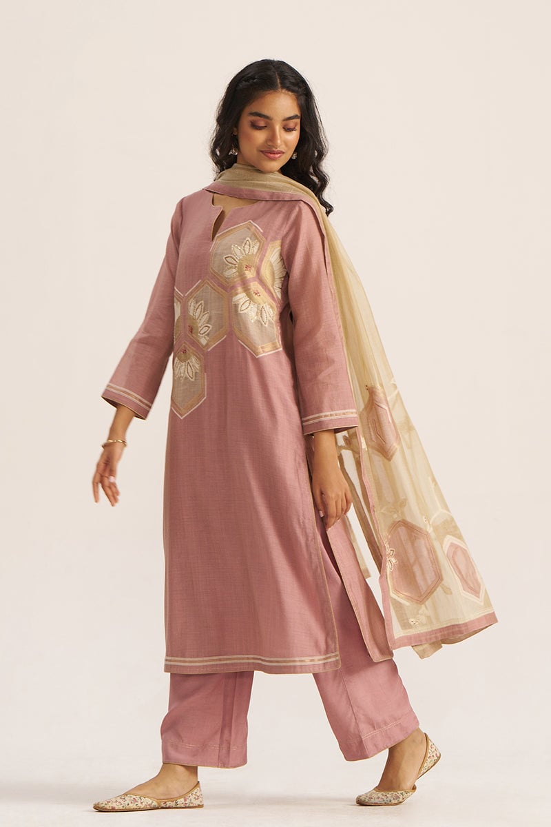 Lilac and Beige Woven Salwar Suit Set with Dupatta