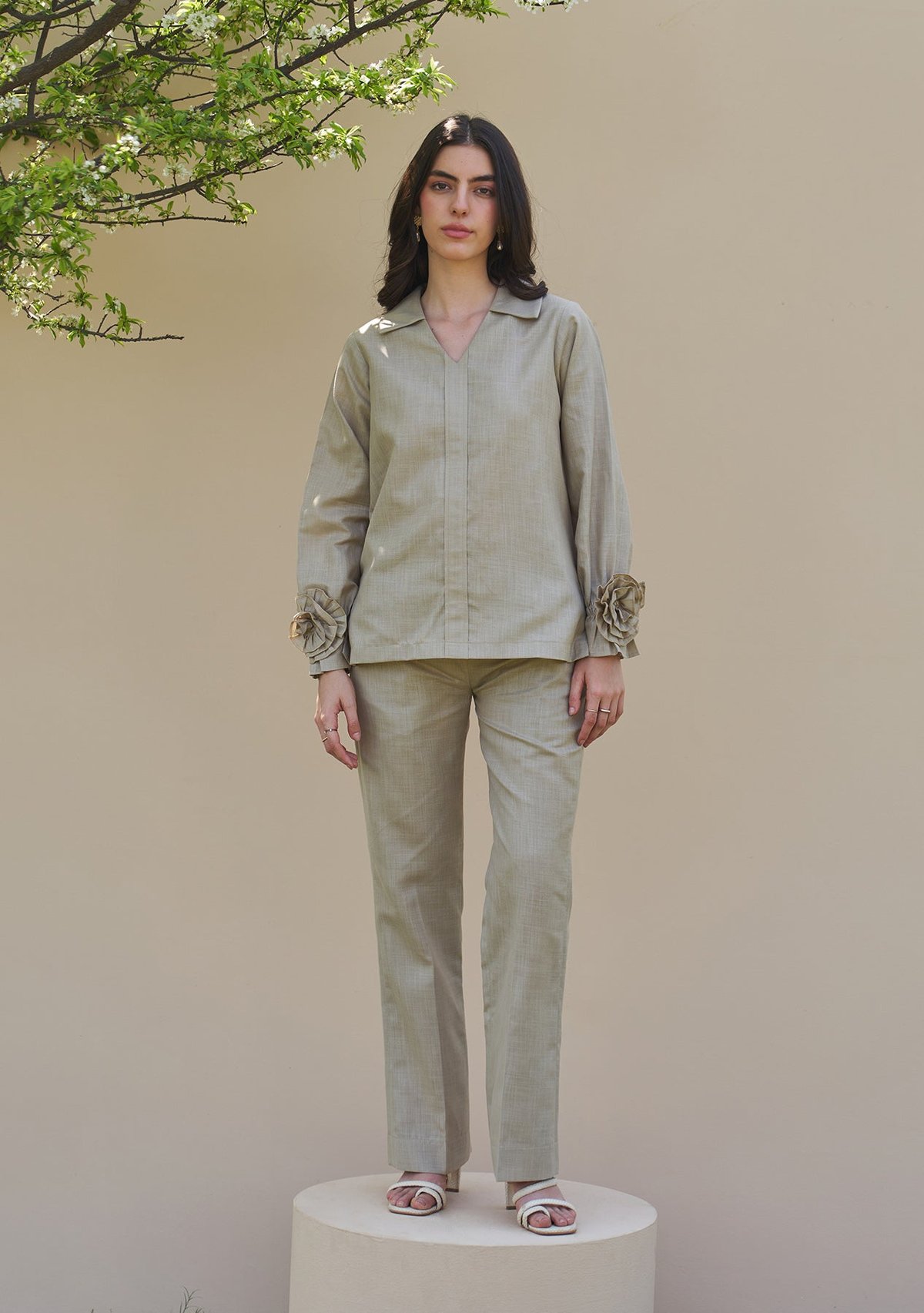 Beige Cotton Linen Co-ord Set with 3D Flower Cuffs