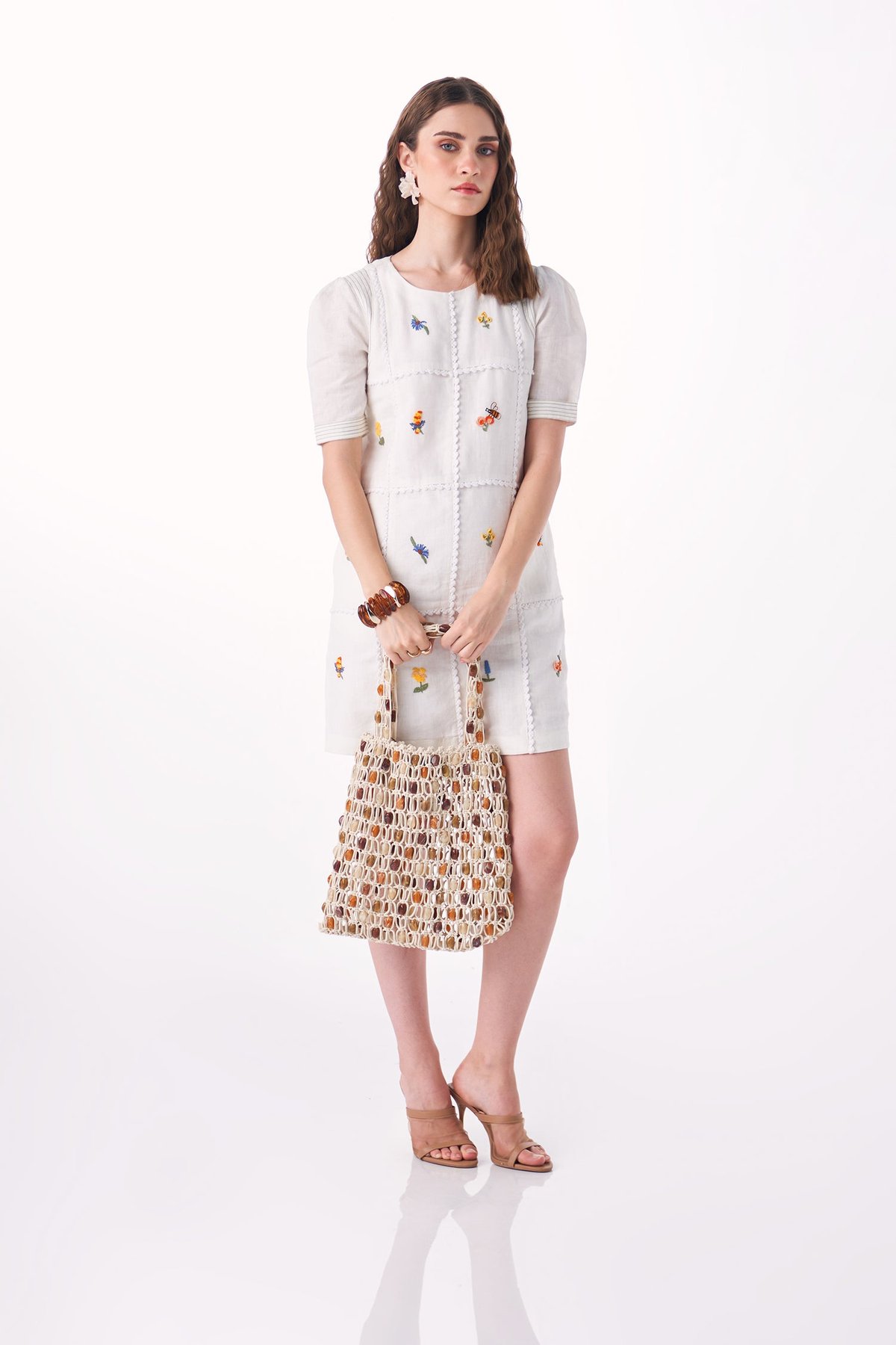 White Cotton-Linen Embroidered Panelled Mini Dress