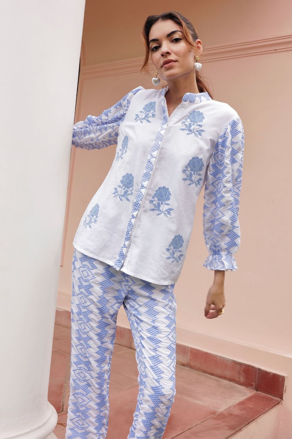 White/Blue Embroidered Mandarin Collar Cotton Shirt