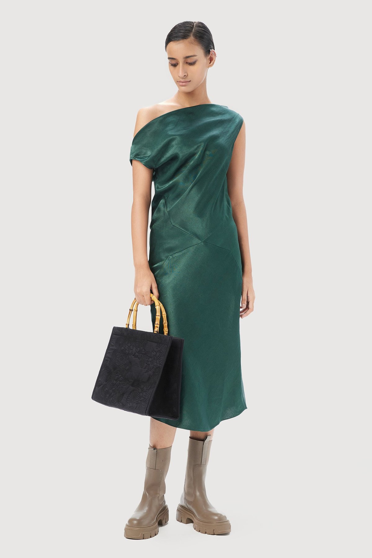 Forest Green Satin Cowl Neck Bias-Cut Midi Dress