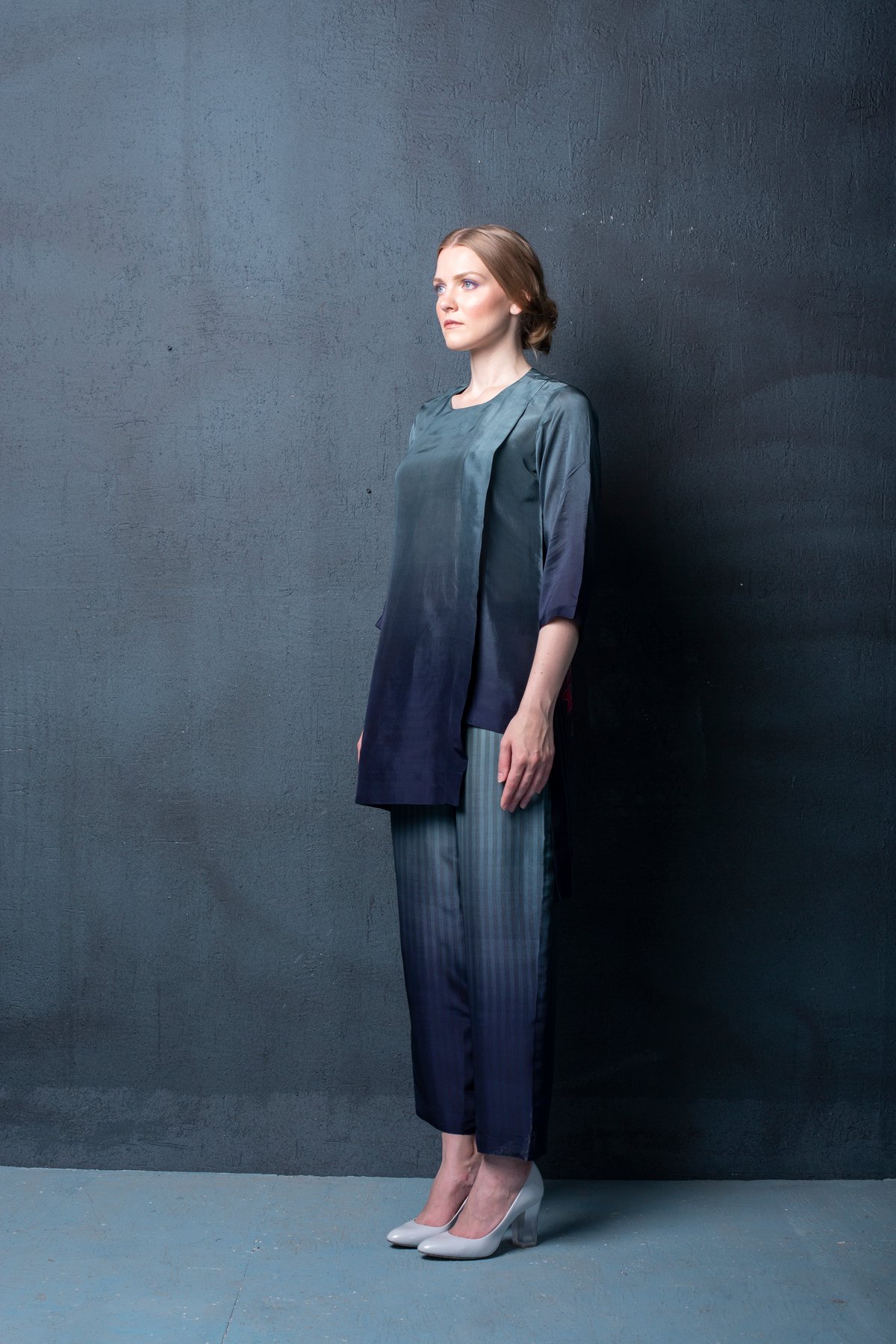 Teal Ombre Habutai Silk Co-ord Set with Tunic and Pants