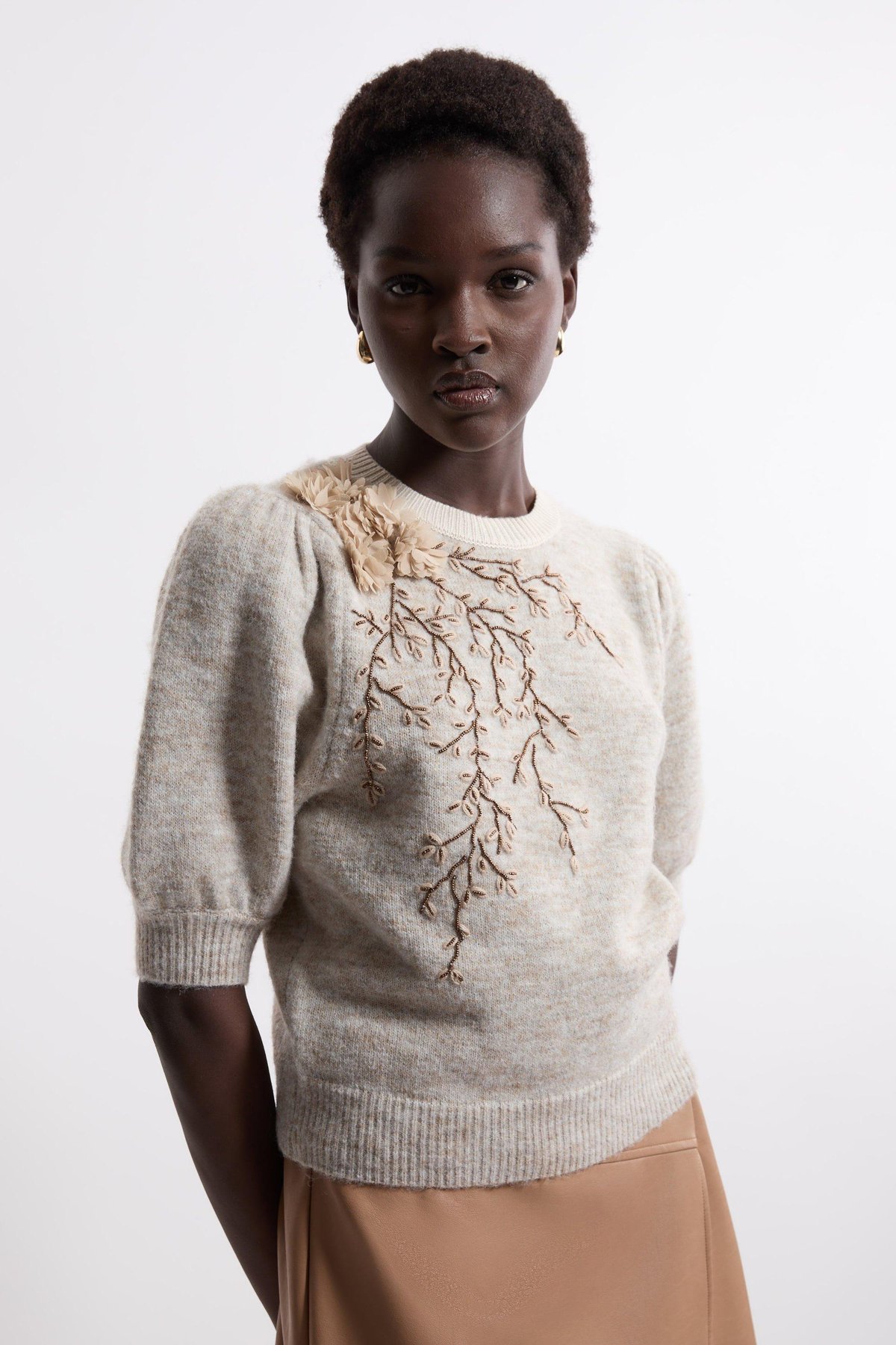 Ivory Embellished Puff Sleeve Pullover Sweater