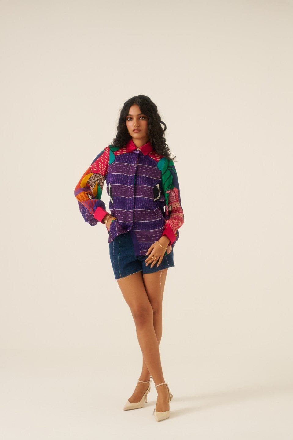 Multicolor Printed Organza Satin Shirt with Contrast Collar