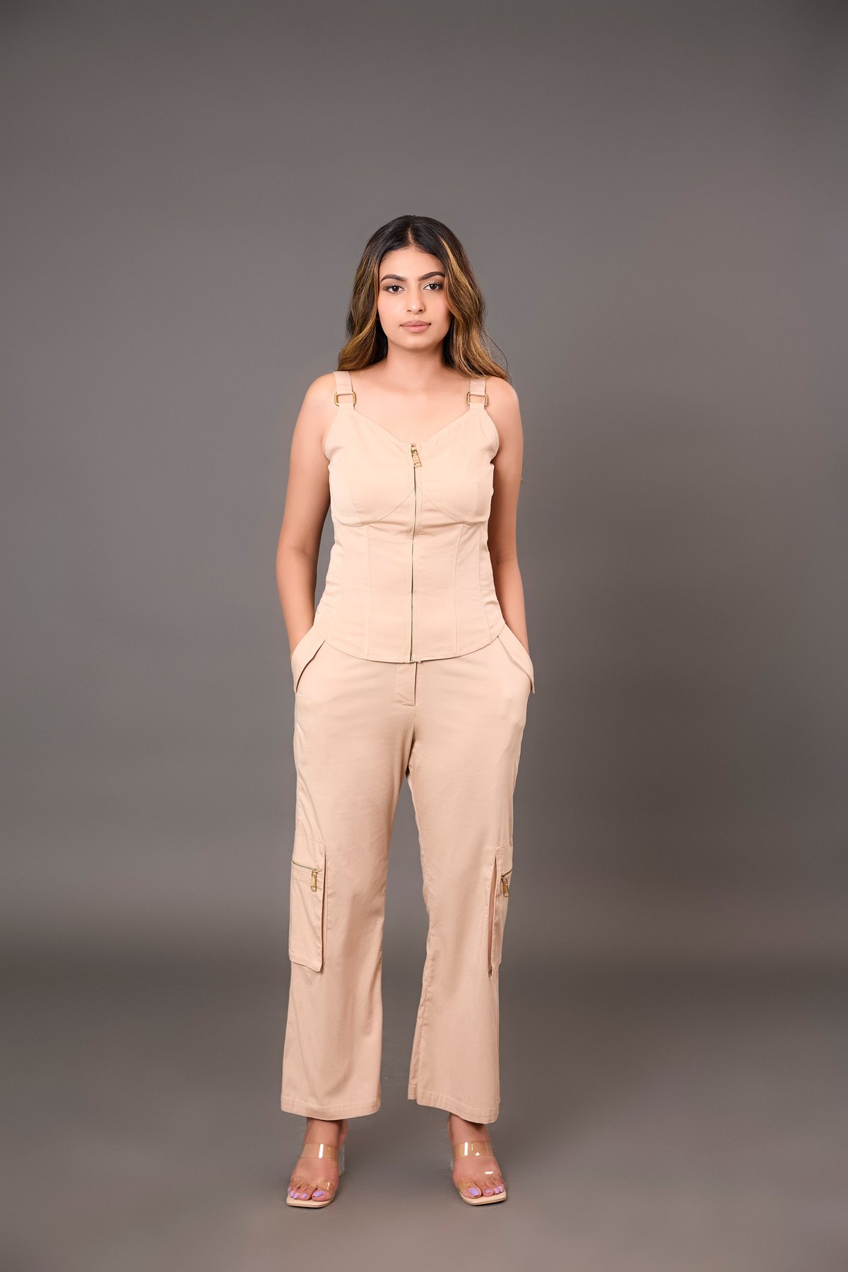 Beige Zip-Front Strap Top and Cargo Pants Co-ord Set