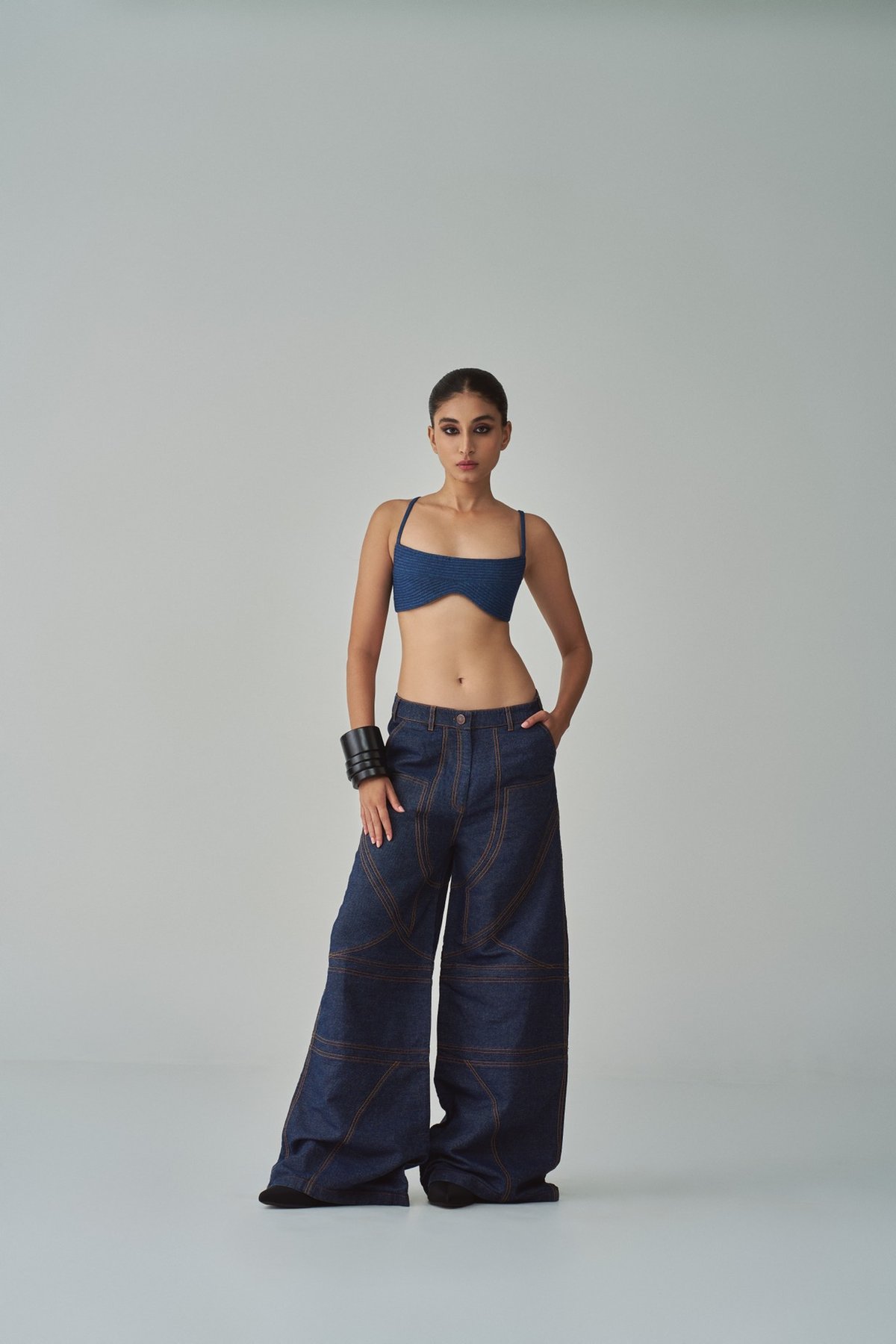 Blue Mid-Rise Flared Denim Jeans with Stitch Detailing