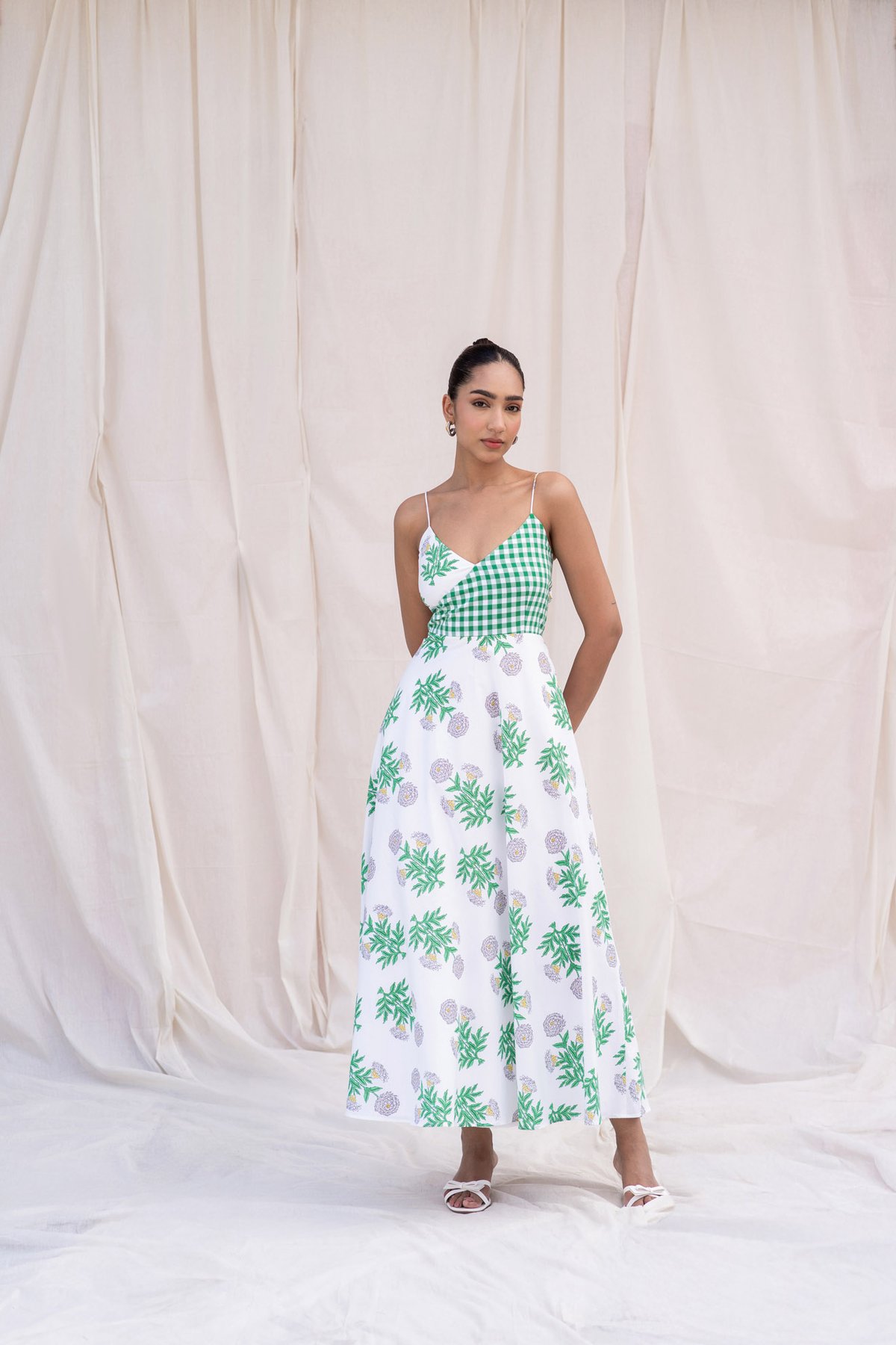 White/Green Tropical Print A-Line Midi Dress with Back Tie-Up
