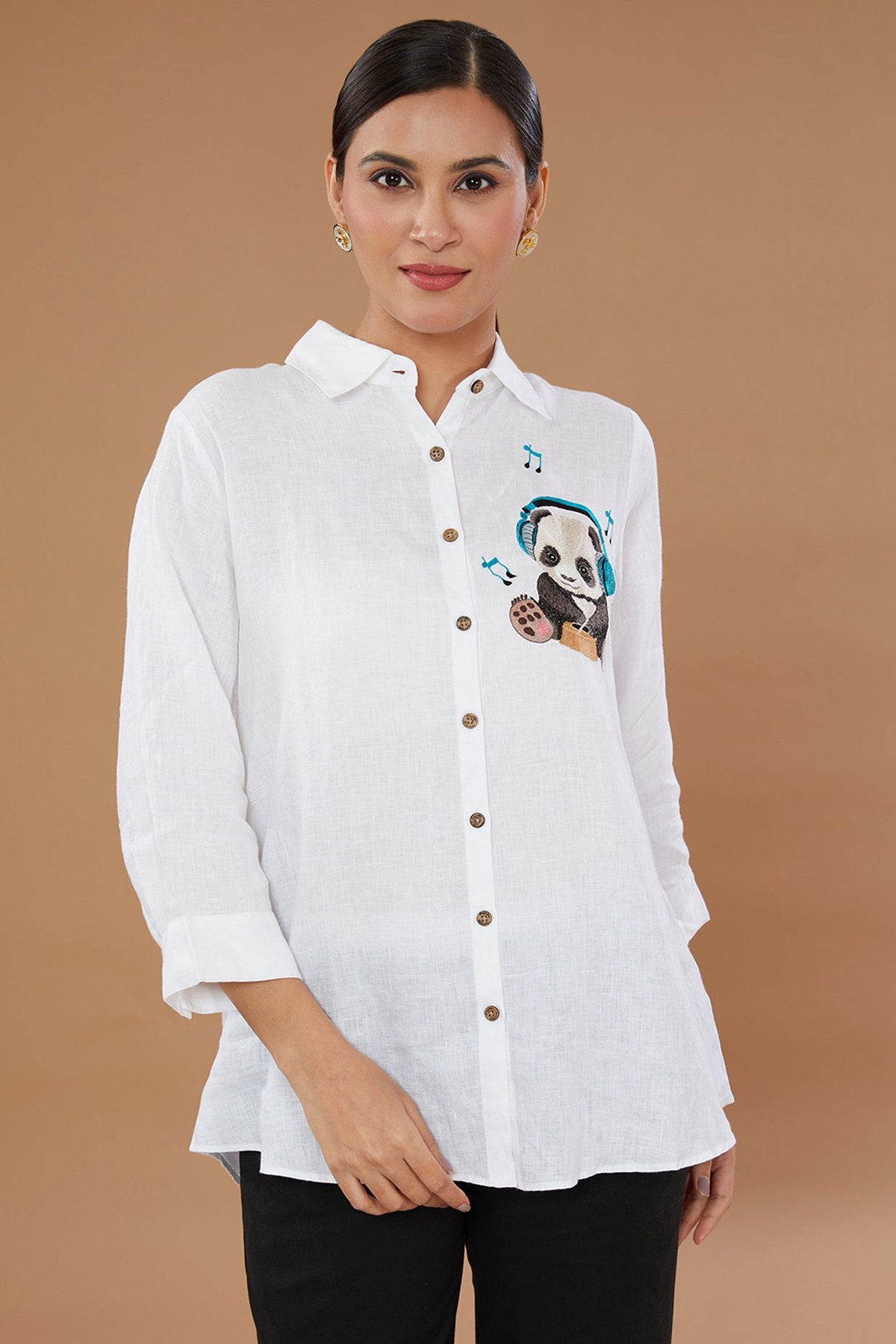 White Linen Button-Down Shirt with Panda Embroidery
