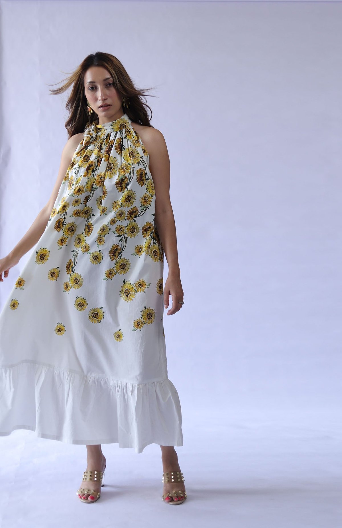White Sunflower Print Halter Neck Poplin Maxi Dress