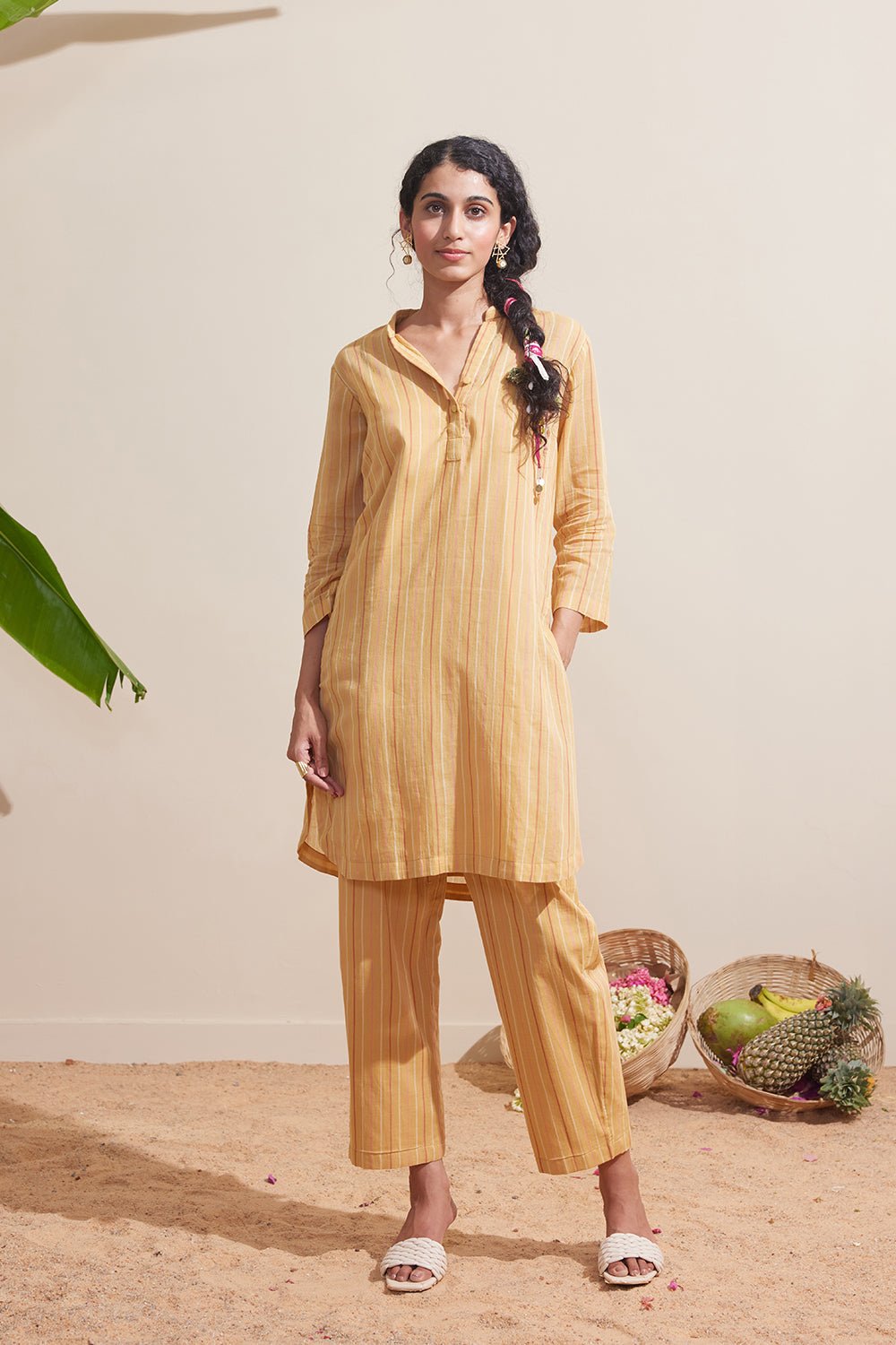 Ochre Striped Cotton Kurta and Pant Co-ord Set