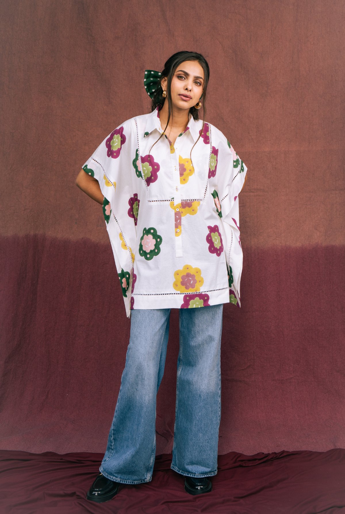 White Floral Block Print Kaftan-Style Shirt
