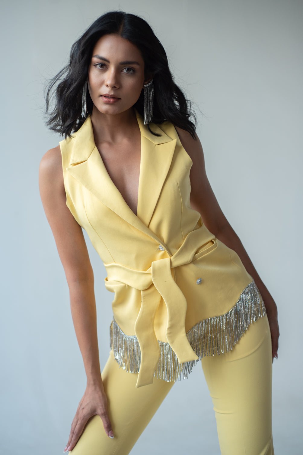 Lemon Yellow Rhinestone Fringe Tailored Waistcoat