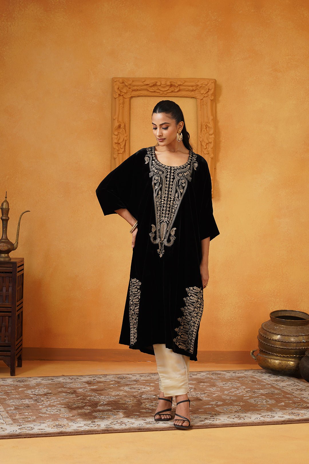 Black Velvet Embroidered Co-ord Set with Straight Pants