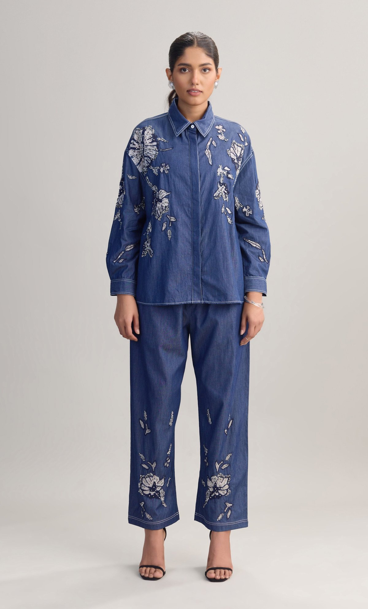 Blue Embellished Denim Shirt and Wide-Leg Pants Co-ord Set