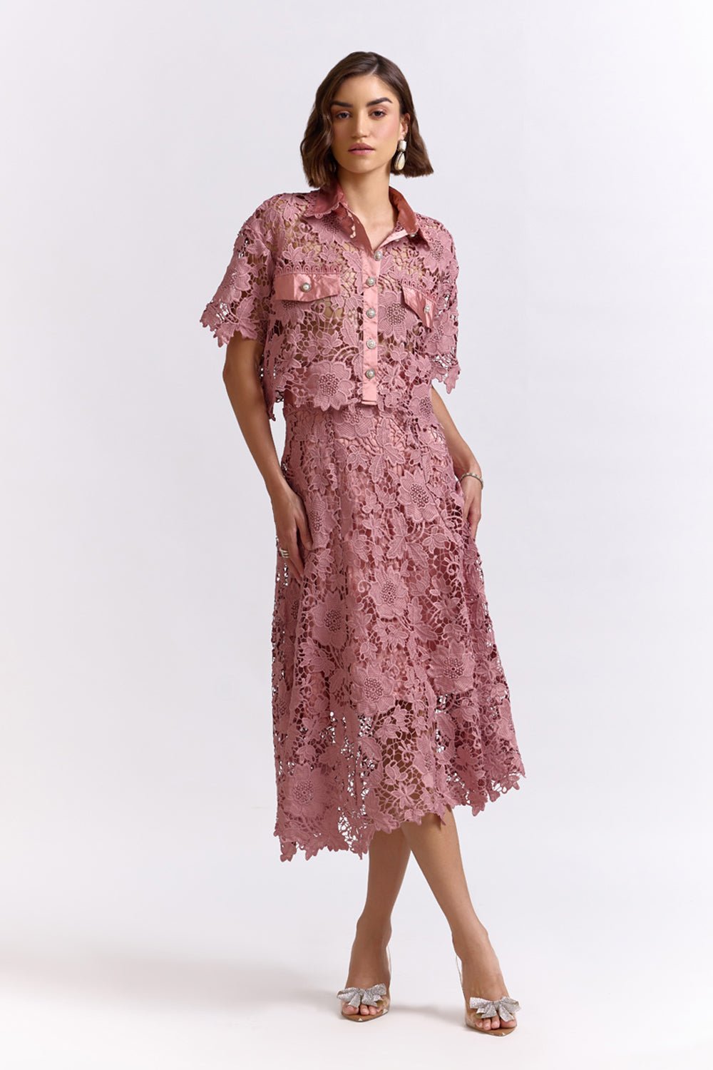 Onion Pink Lace Shirt and Midi Skirt Co-ord Set