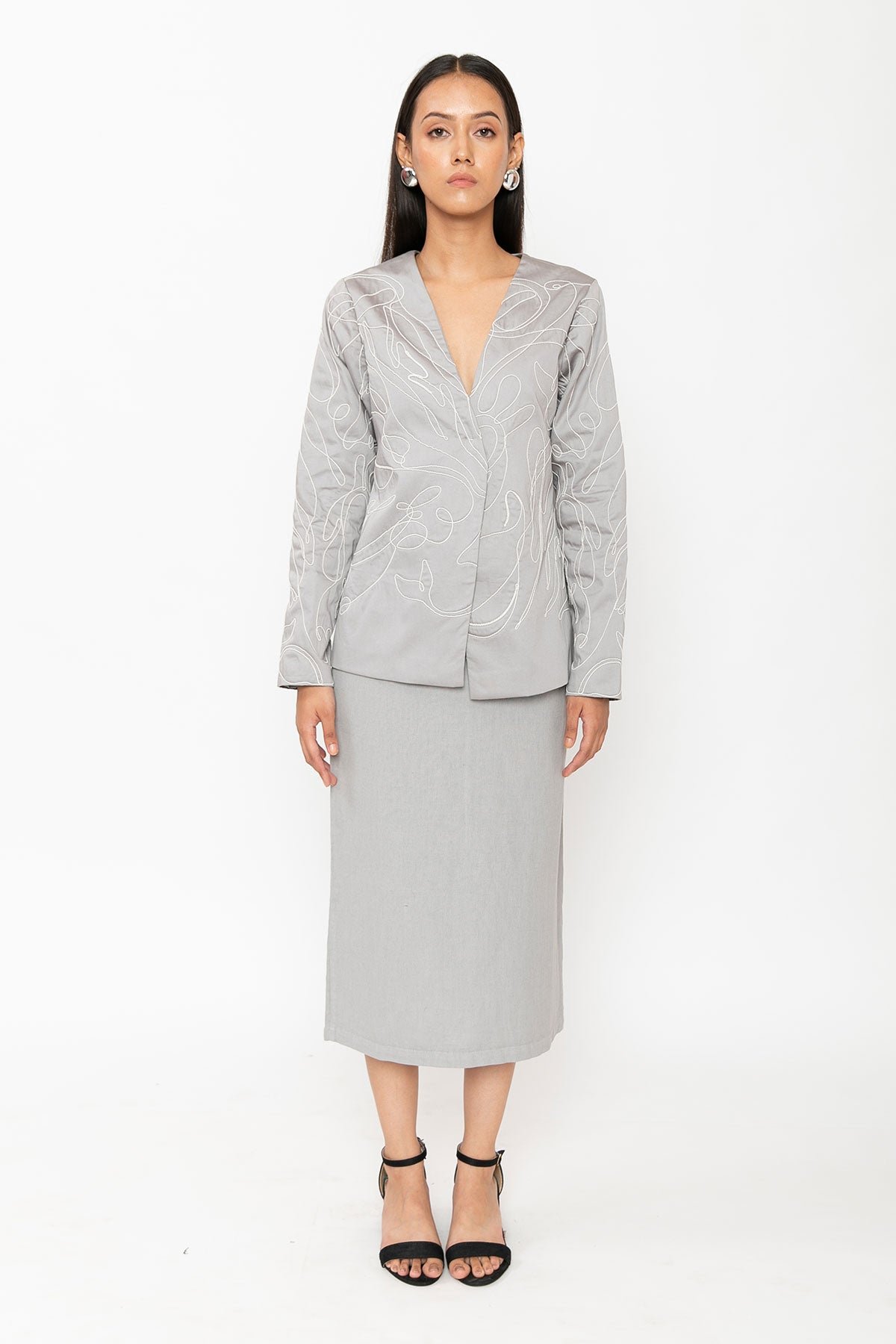 Grey Lapel-less Embroidered Cotton Satin Blazer