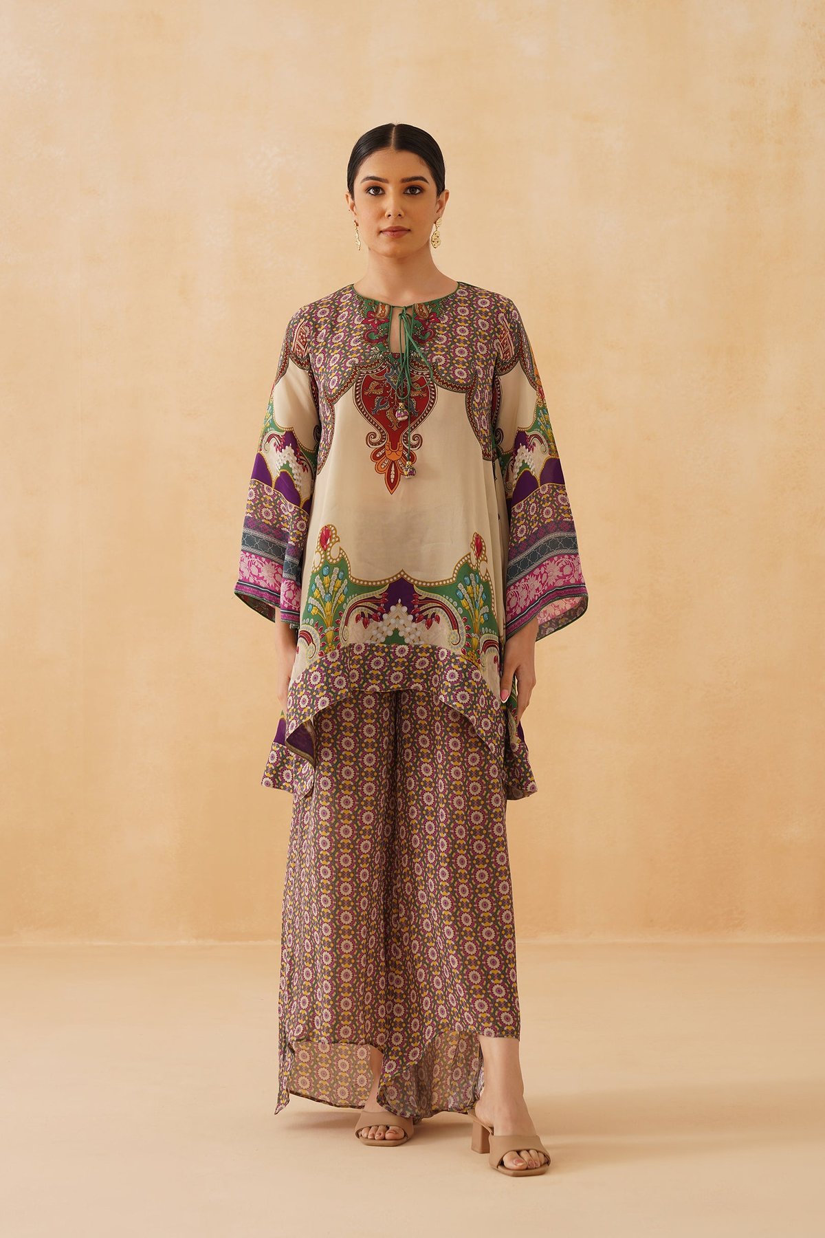 Multicolor Printed Crepe Co-ord Set with Tie-Up Neck