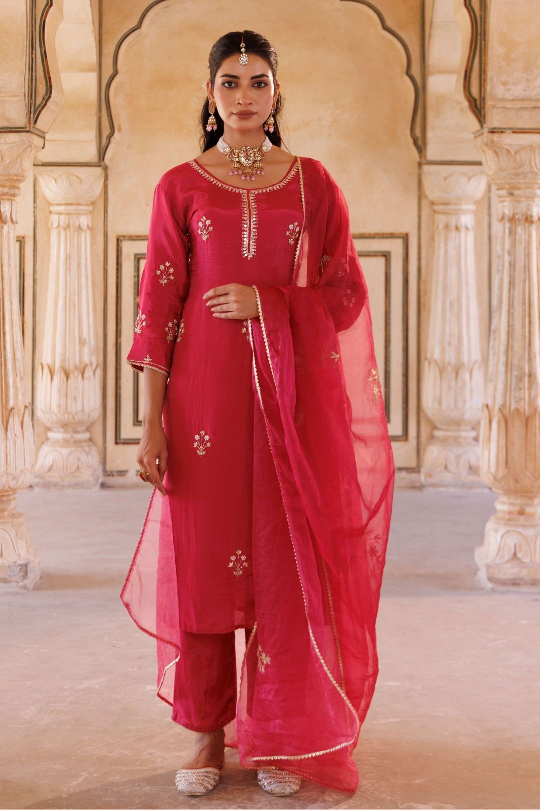 Deep Pink Silk Hand Embroidered Kurta Set