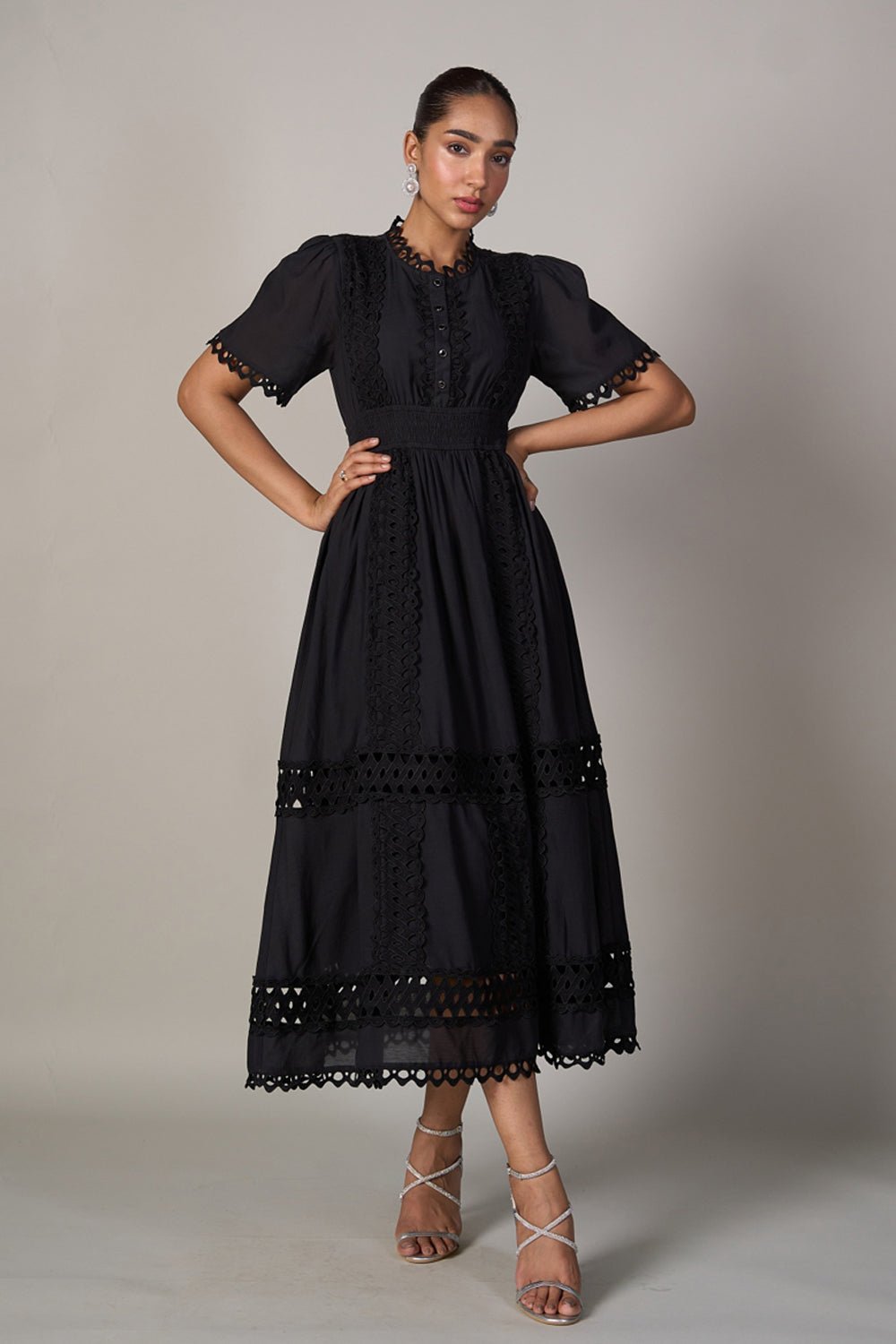 Black Fit and Flare Midi Dress with Cutwork Lace