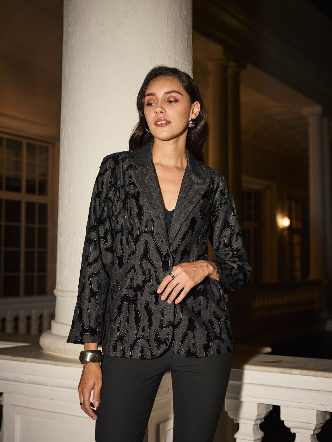 Black Denim Blazer with Tonal Velvet Embroidery