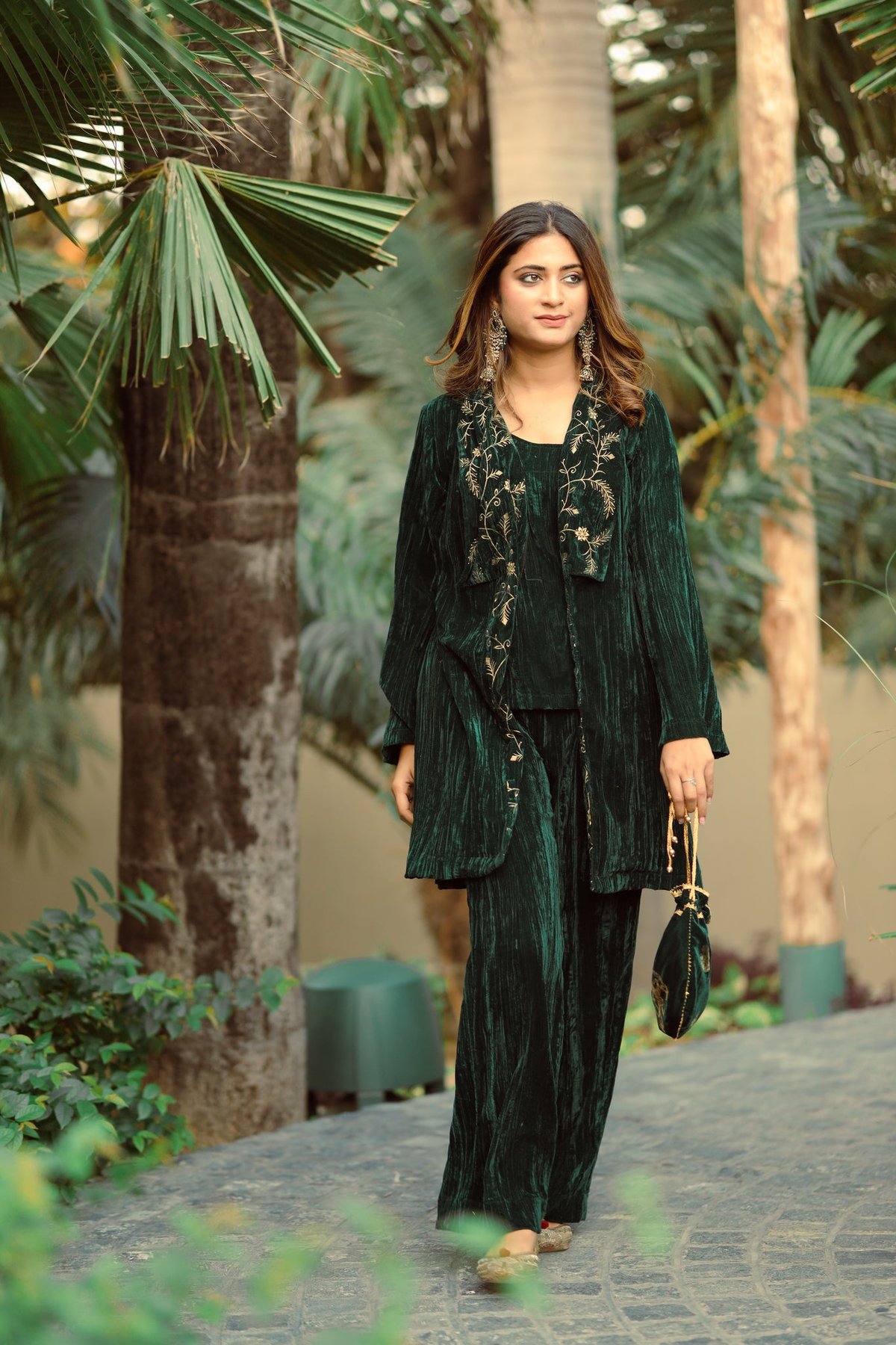 Bottle Green Velvet Embroidered Cape Co-ord Set