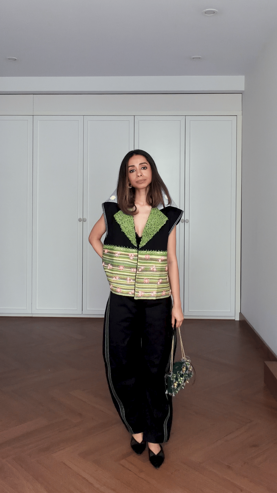 Black Cotton Linen Sleeveless Embroidered Jacket
