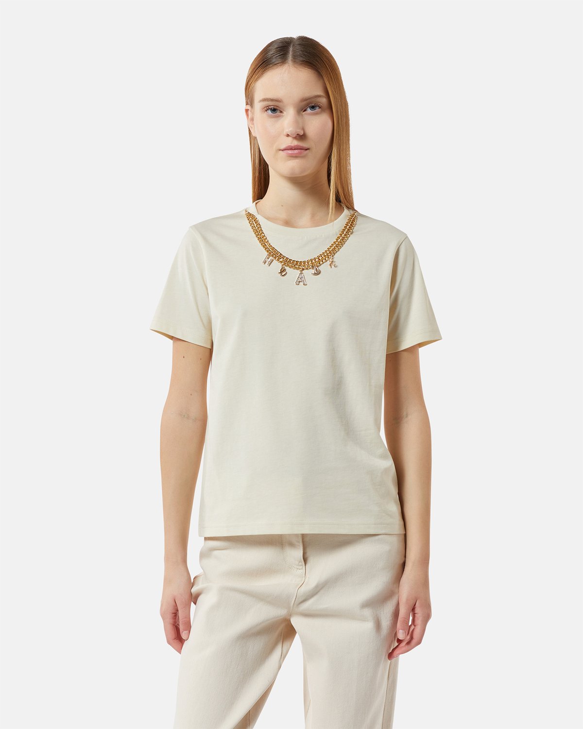 Milk Off-White Crewneck T-Shirt with Chain Neck Detail