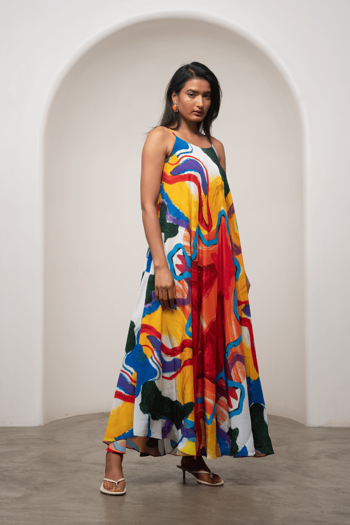 Multicolor Abstract Printed Bias-Cut Maxi Dress