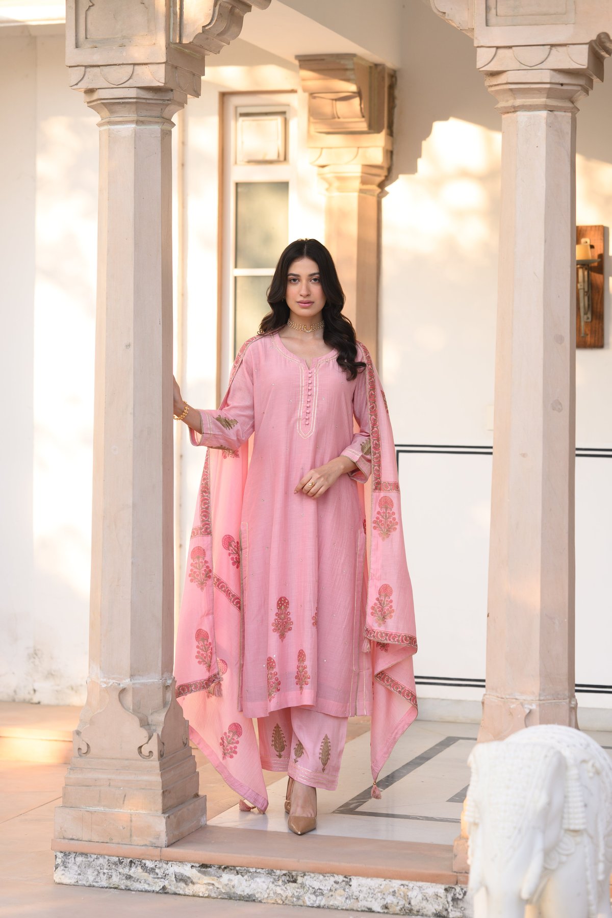 Rosa Block Printed Mul Chanderi A Line Set