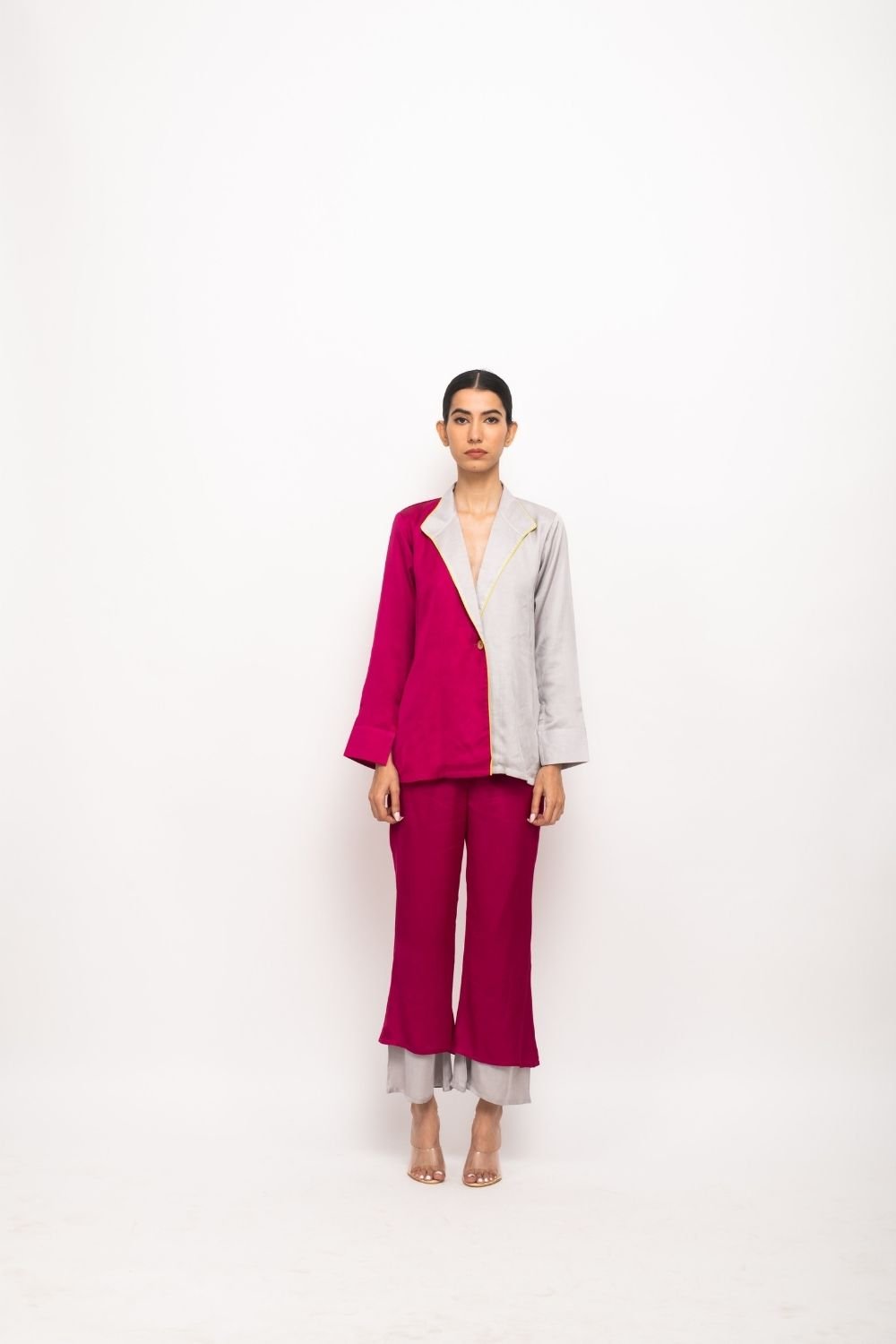 Wine-Grey Colorblocked Blazer and Pants Co-ord Set