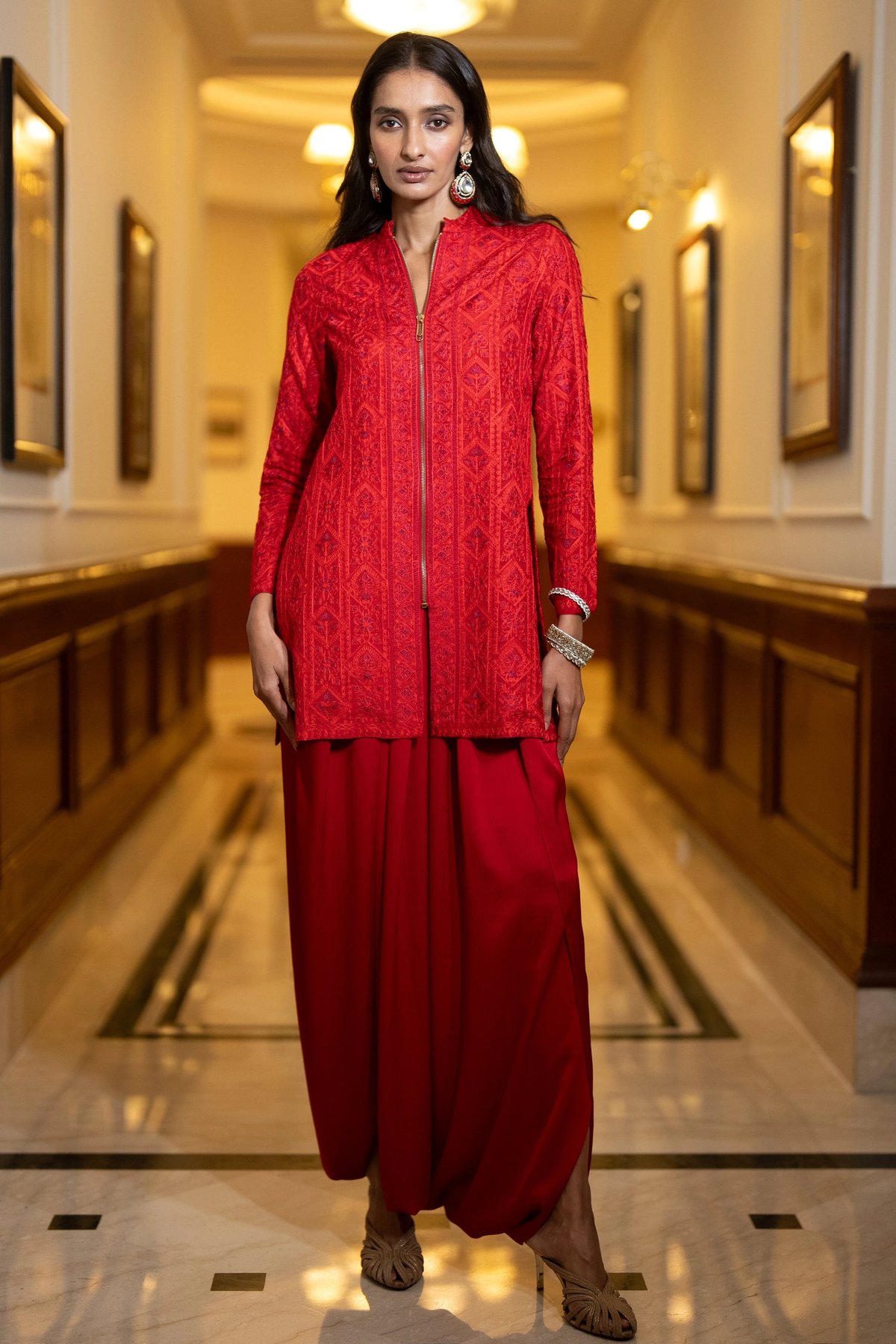 Embroidered Zip Front Jacket & Pleated Dhoti Pant
