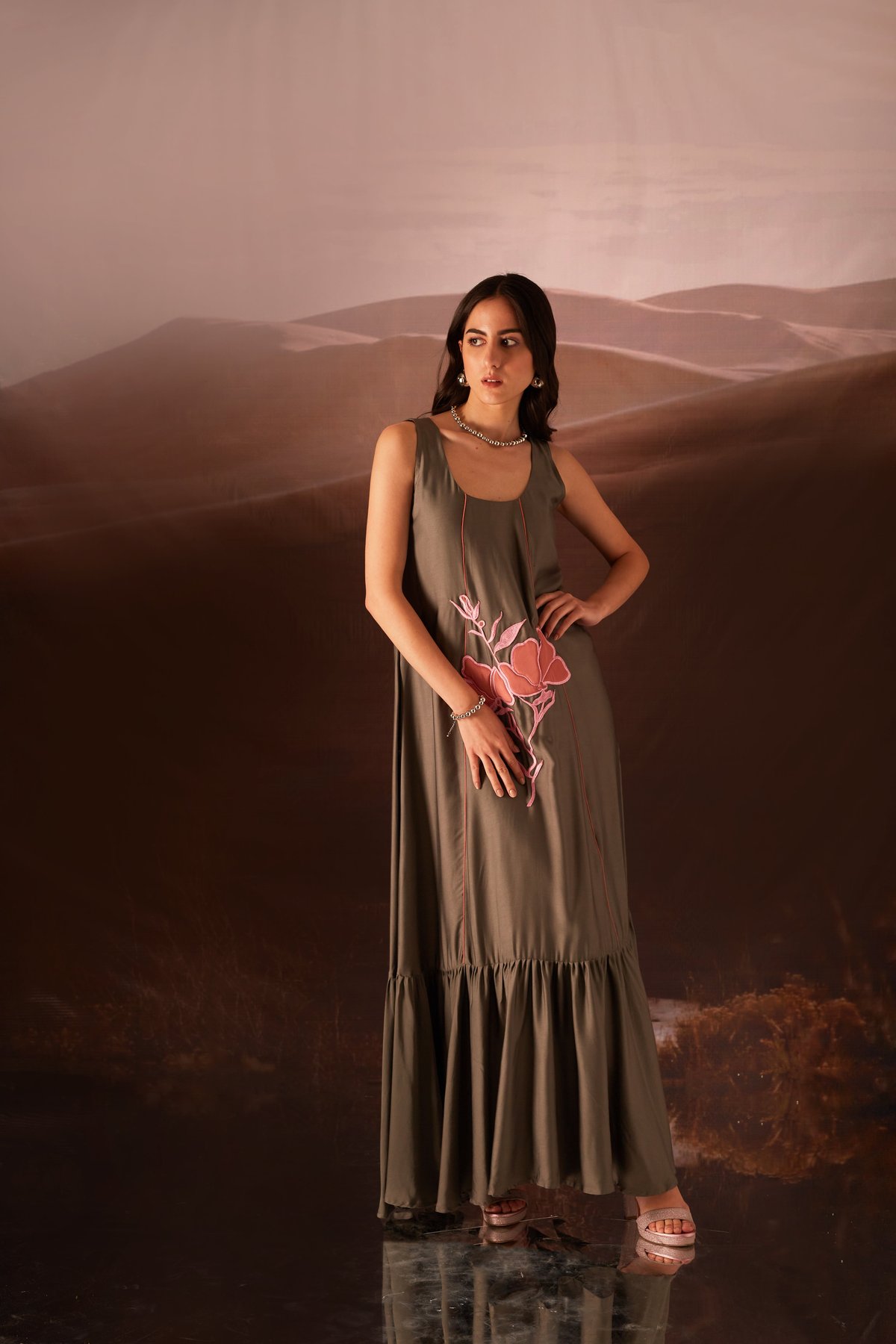 Brown Modal Satin Maxi Dress with Floral Applique