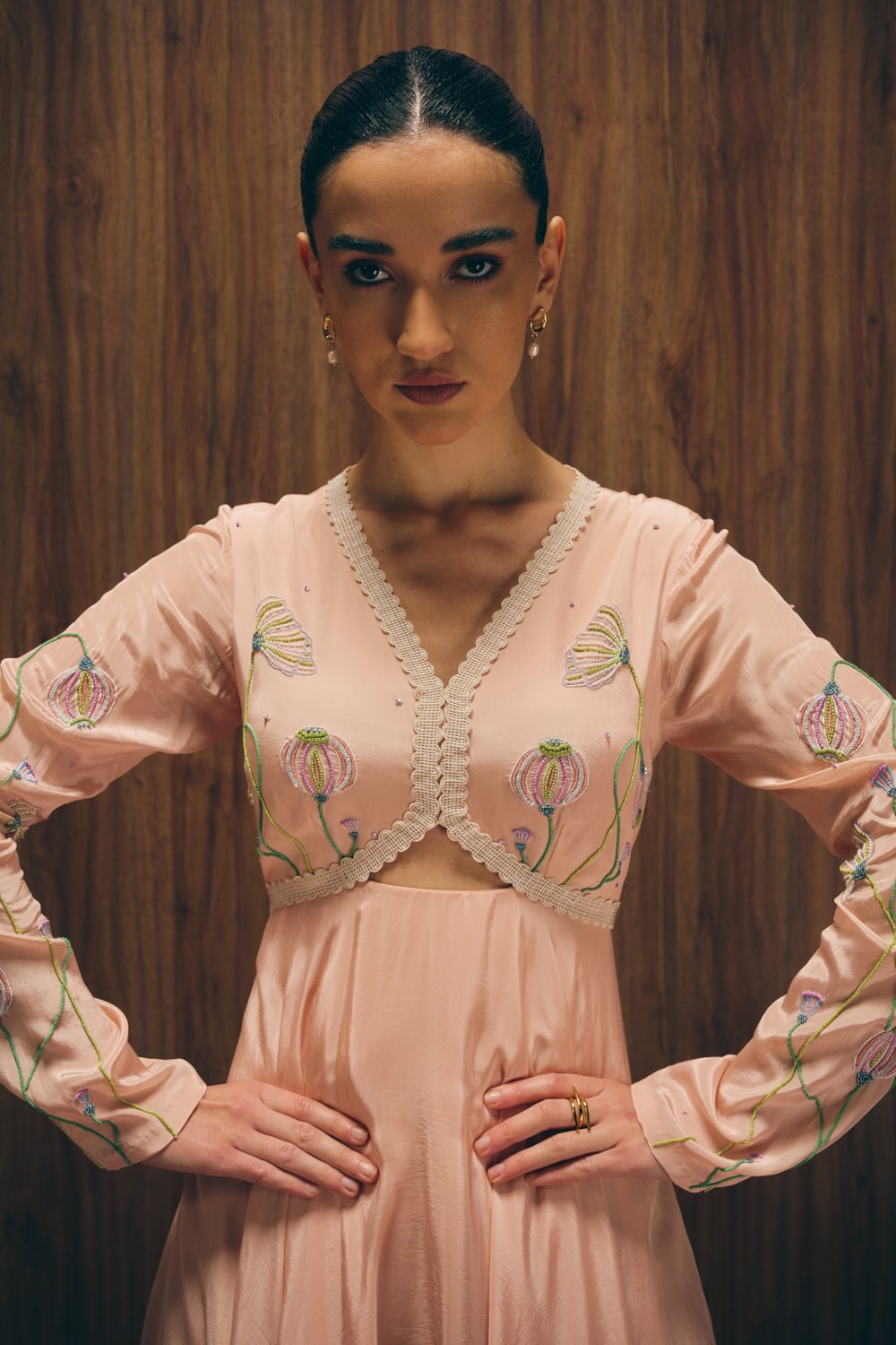 Pink Embroidered Keyhole Neck Maxi Gown Dress